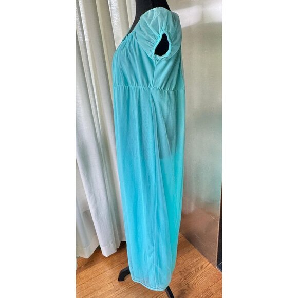 Vintage 70s negligee, teal blue, empire waist, puff sleeves nightgown - Picture 3 of 8